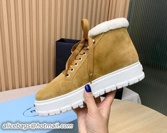 Top Design Prada Suede and Wool Platform High-top Sneakers 5cm Light Brown 011106