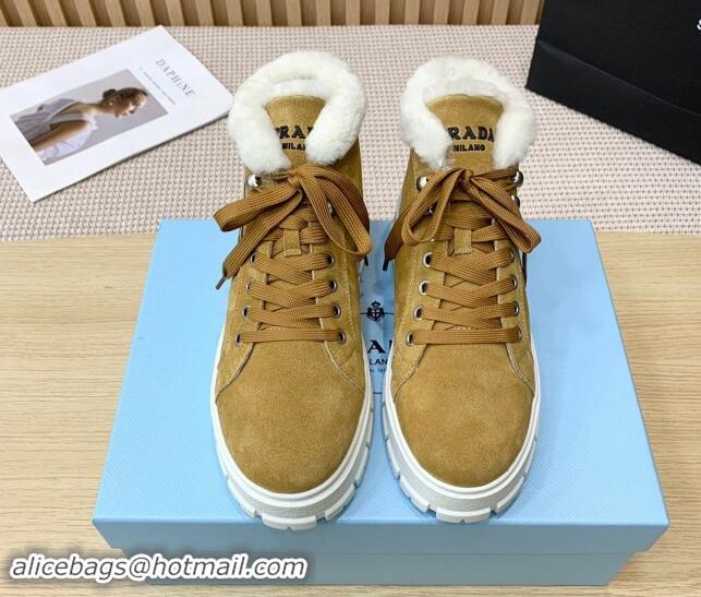 Top Design Prada Suede and Wool Platform High-top Sneakers 5cm Light Brown 011106