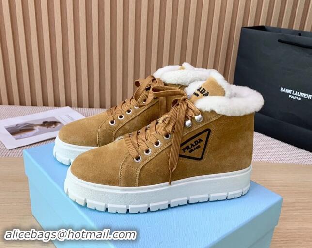 Top Design Prada Suede and Wool Platform High-top Sneakers 5cm Light Brown 011106