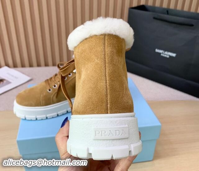 Top Design Prada Suede and Wool Platform High-top Sneakers 5cm Light Brown 011106