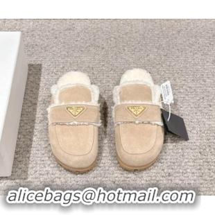 Sumptuous Prada Suede and shearling slippers Beige 011110