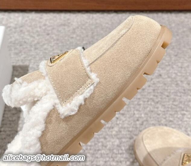 Sumptuous Prada Suede and shearling slippers Beige 011110