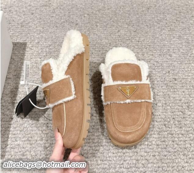 Best Grade Prada Suede and shearling slippers Brown 1011111