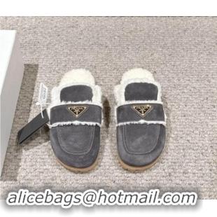 Stylish Prada Suede and shearling slippers Dark Grey 011113