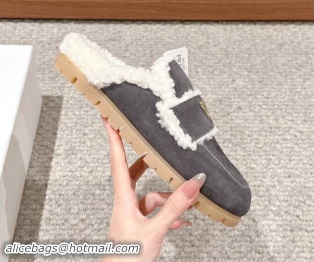 Stylish Prada Suede and shearling slippers Dark Grey 011113