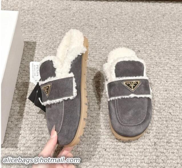 Stylish Prada Suede and shearling slippers Dark Grey 011113