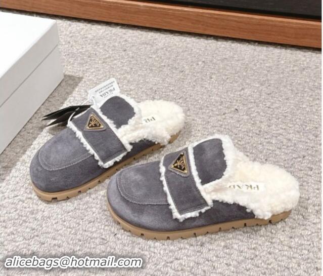 Stylish Prada Suede and shearling slippers Dark Grey 011113