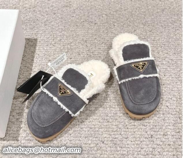 Stylish Prada Suede and shearling slippers Dark Grey 011113