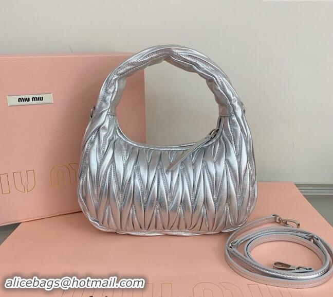 Affordable Price Miu Miu Wander Matelasse Nappa Leather Small Hobo bag 5BC125 Silver 2024