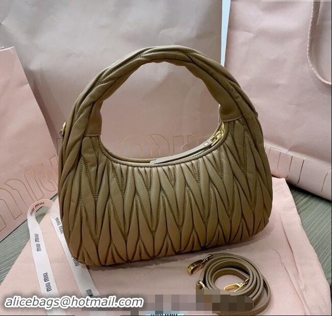 Top Grade Miu Miu Wander Matelasse Nappa Leather Medium Hobo bag 5BC153 Khaki 2024