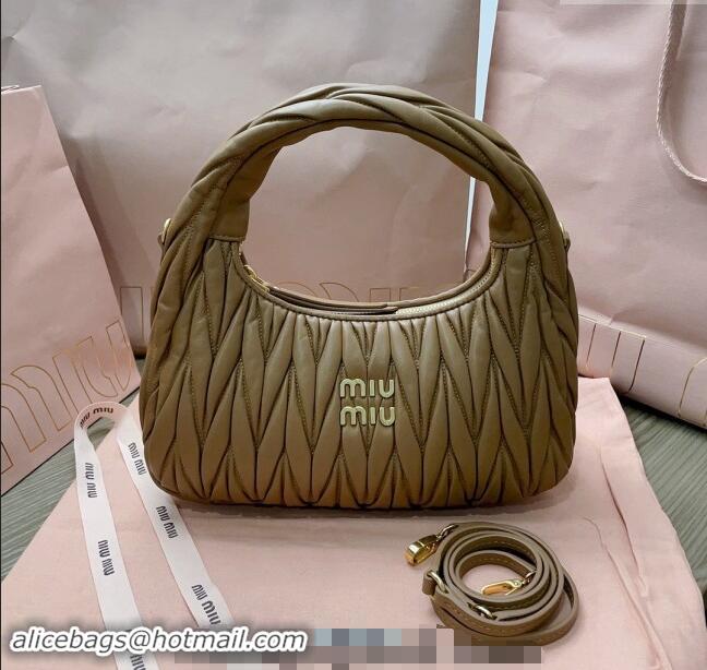 Top Grade Miu Miu Wander Matelasse Nappa Leather Medium Hobo bag 5BC153 Khaki 2024