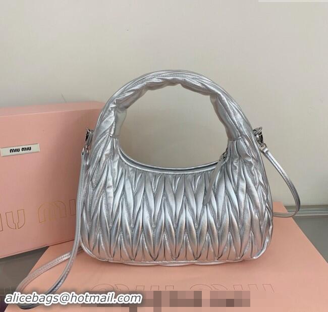 Good Product Miu Miu Wander Matelasse Nappa Leather Medium Hobo bag 5BC153 Silver 2024