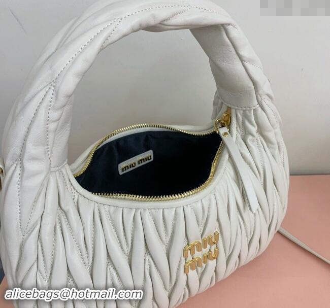 Best Price Miu Miu Wander Matelasse Nappa Leather Medium Hobo bag 5BC153 White 2024