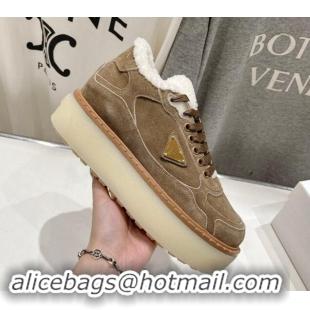 Best Product Prada Suede Mid-top Sneakers with Shearling Lining 1T725N Light Brown 101410