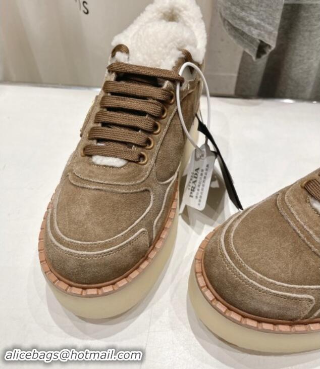 Best Product Prada Suede Mid-top Sneakers with Shearling Lining 1T725N Light Brown 101410