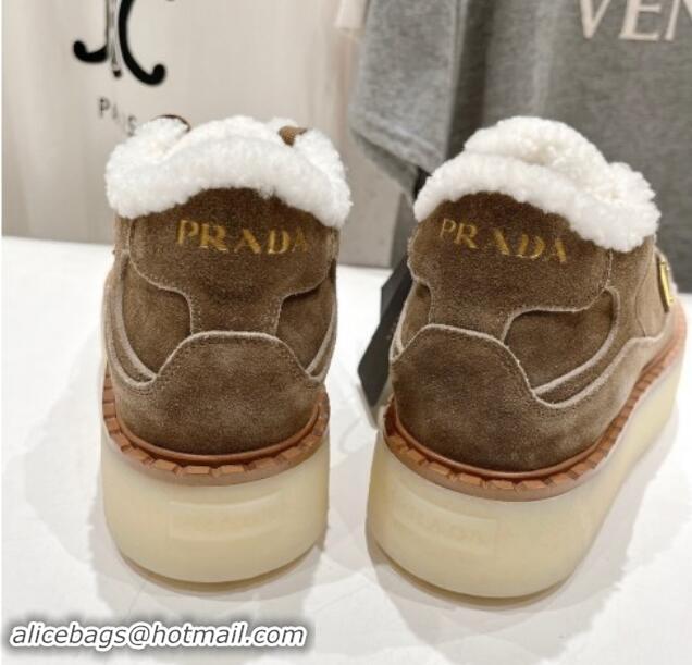 Best Product Prada Suede Mid-top Sneakers with Shearling Lining 1T725N Light Brown 101410