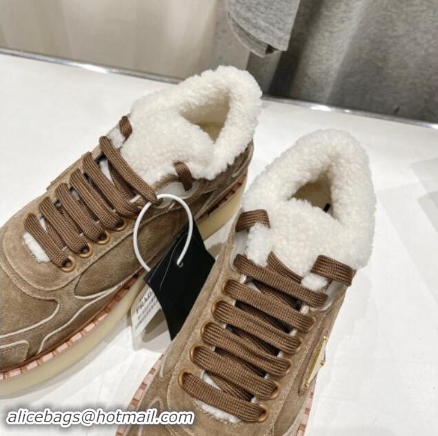 Best Product Prada Suede Mid-top Sneakers with Shearling Lining 1T725N Light Brown 101410