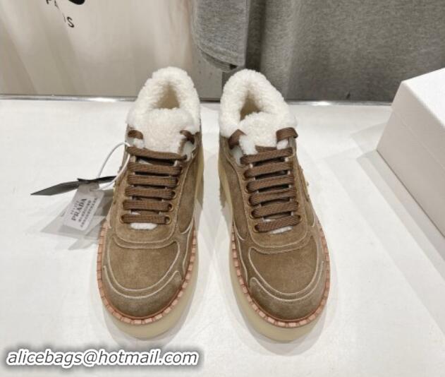 Best Product Prada Suede Mid-top Sneakers with Shearling Lining 1T725N Light Brown 101410