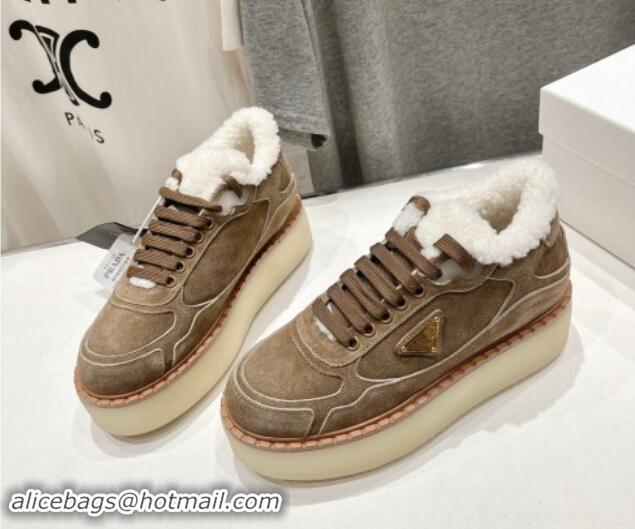 Best Product Prada Suede Mid-top Sneakers with Shearling Lining 1T725N Light Brown 101410