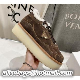 Best Price Prada Suede Mid-top Sneakers with Shearling Lining 1T725N Dark Brown 101412