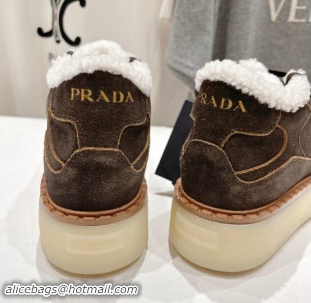 Best Price Prada Suede Mid-top Sneakers with Shearling Lining 1T725N Dark Brown 101412