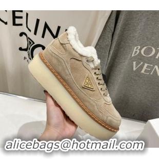 Buy Luxury Prada Suede Mid-top Sneakers with Shearling Lining 1T725N Beige 101413