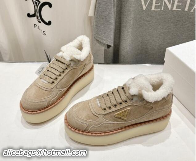 Buy Luxury Prada Suede Mid-top Sneakers with Shearling Lining 1T725N Beige 101413