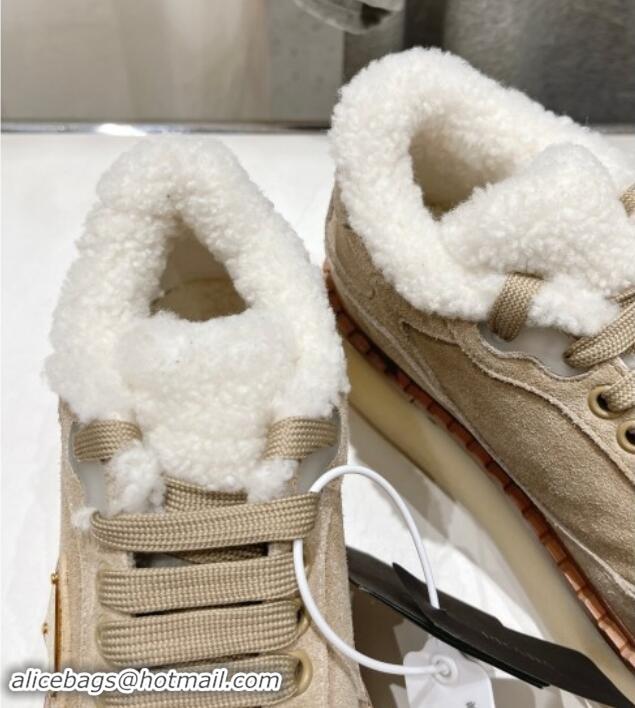 Buy Luxury Prada Suede Mid-top Sneakers with Shearling Lining 1T725N Beige 101413