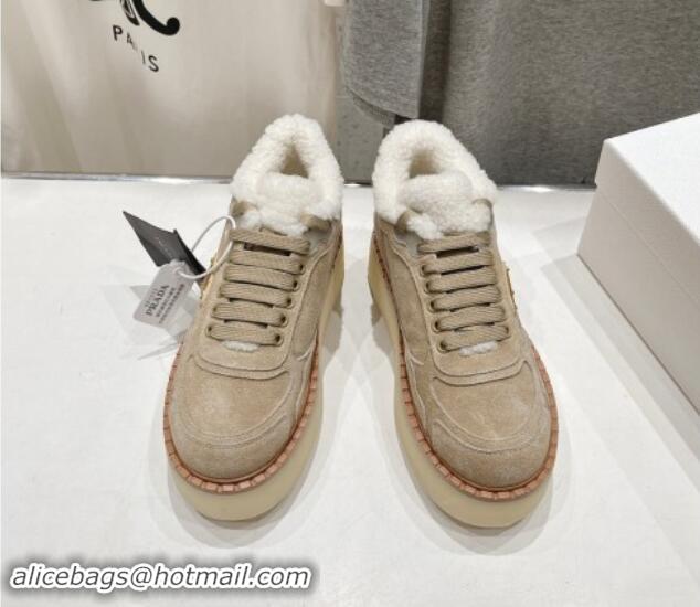 Buy Luxury Prada Suede Mid-top Sneakers with Shearling Lining 1T725N Beige 101413