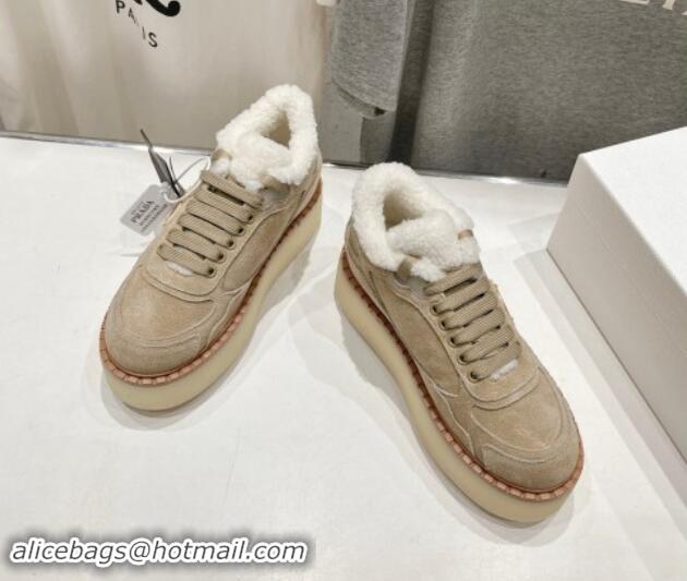 Buy Luxury Prada Suede Mid-top Sneakers with Shearling Lining 1T725N Beige 101413