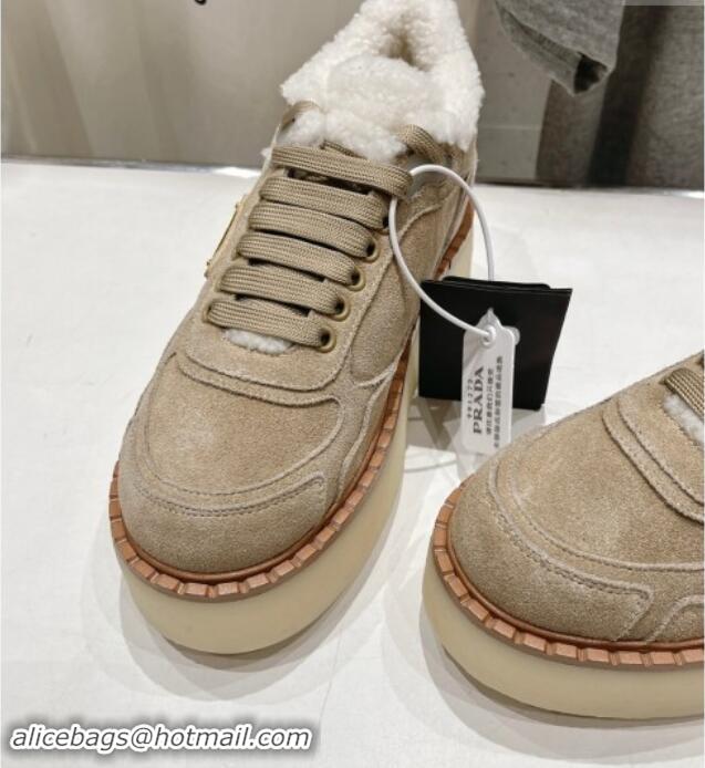 Buy Luxury Prada Suede Mid-top Sneakers with Shearling Lining 1T725N Beige 101413