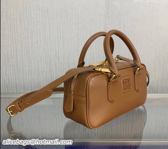 Reasonable Price Miu Miu Arcadie Calf Leather top handle bag with Tone-to-Tone Logo 5BB142 Brown 2024