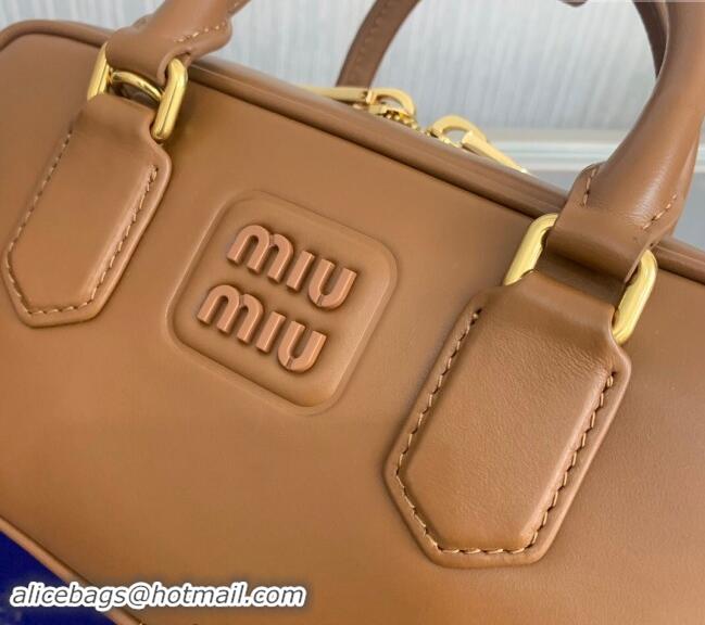 Reasonable Price Miu Miu Arcadie Calf Leather top handle bag with Tone-to-Tone Logo 5BB142 Brown 2024