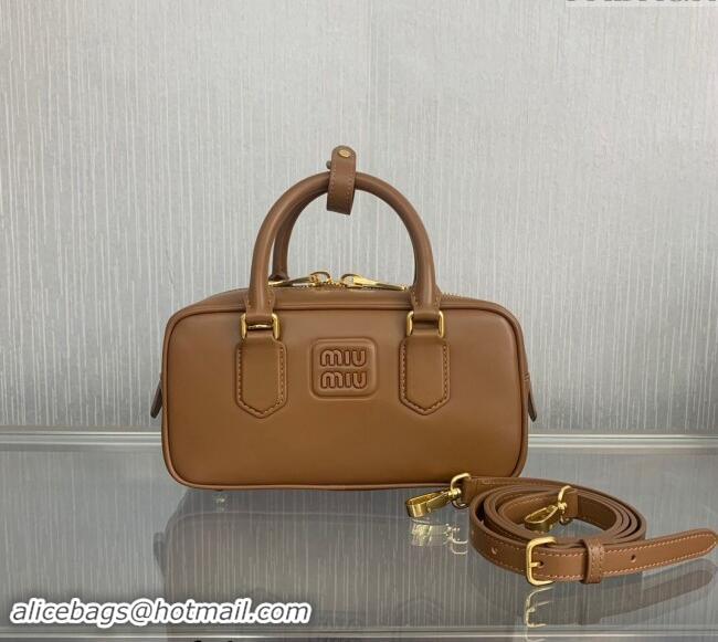 Reasonable Price Miu Miu Arcadie Calf Leather top handle bag with Tone-to-Tone Logo 5BB142 Brown 2024