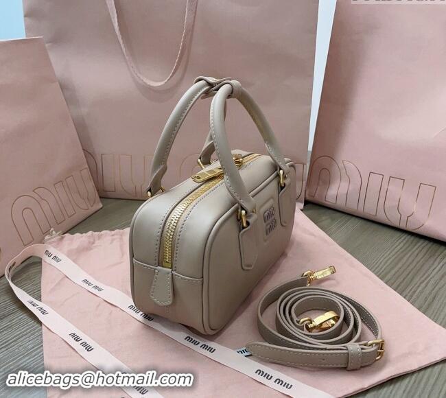 Top Design Miu Miu Arcadie Calf Leather top handle bag with Tone-to-Tone Logo 5BB142 Beige Grey 2024