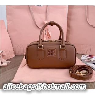 Best Grade Miu Miu Arcadie Calf Leather top handle bag with Tone-to-Tone Logo 5BB142 Dark Brown 2024