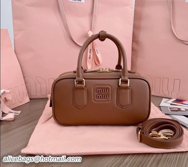 Best Grade Miu Miu Arcadie Calf Leather top handle bag with Tone-to-Tone Logo 5BB142 Dark Brown 2024