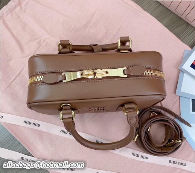 Best Grade Miu Miu Arcadie Calf Leather top handle bag with Tone-to-Tone Logo 5BB142 Dark Brown 2024