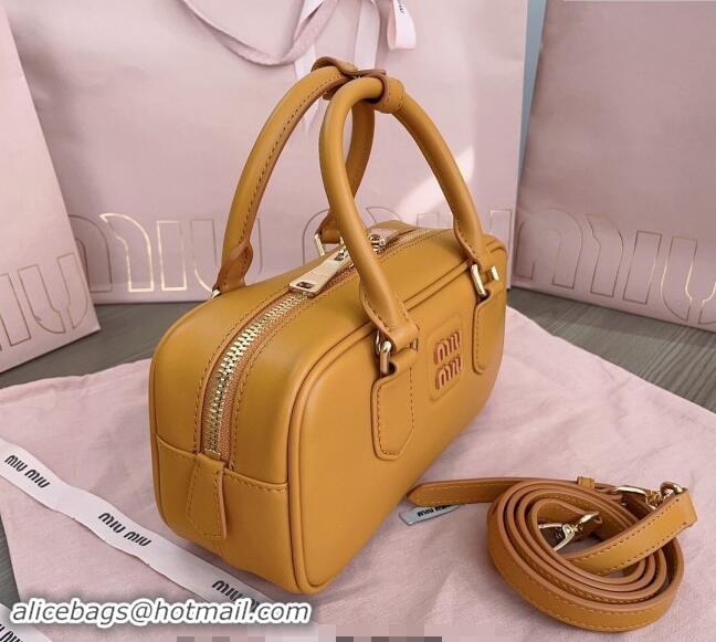 Buy Discount Miu Miu Arcadie Calf Leather top handle bag with Tone-to-Tone Logo 5BB142 Yellow 2024