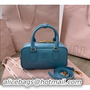 Low Cost Miu Miu Arcadie Calf Leather top handle bag with Tone-to-Tone Logo 5BB142 Blue 2024