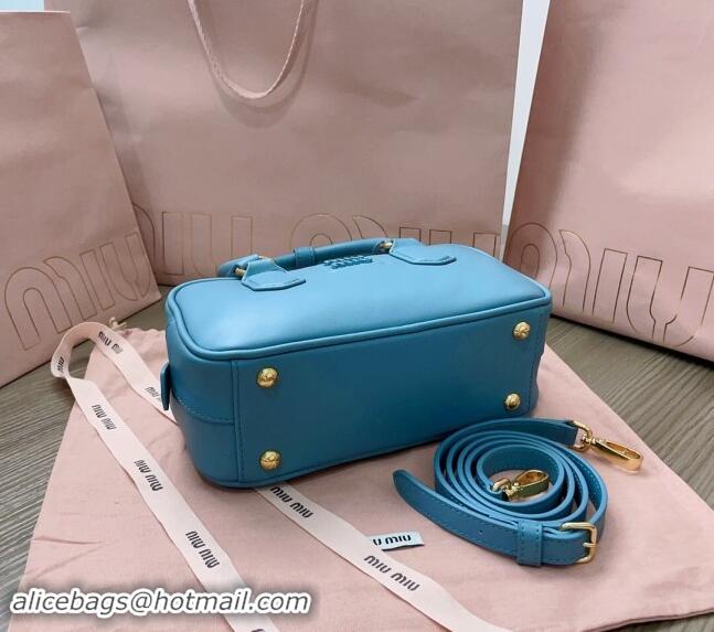 Low Cost Miu Miu Arcadie Calf Leather top handle bag with Tone-to-Tone Logo 5BB142 Blue 2024