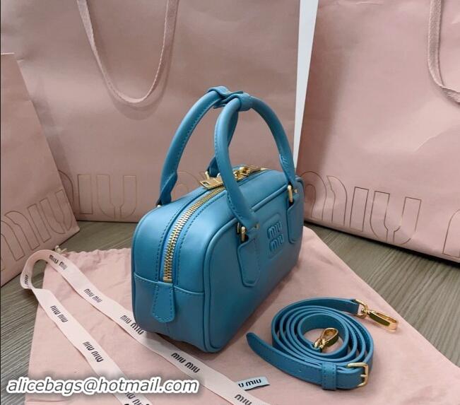 Low Cost Miu Miu Arcadie Calf Leather top handle bag with Tone-to-Tone Logo 5BB142 Blue 2024