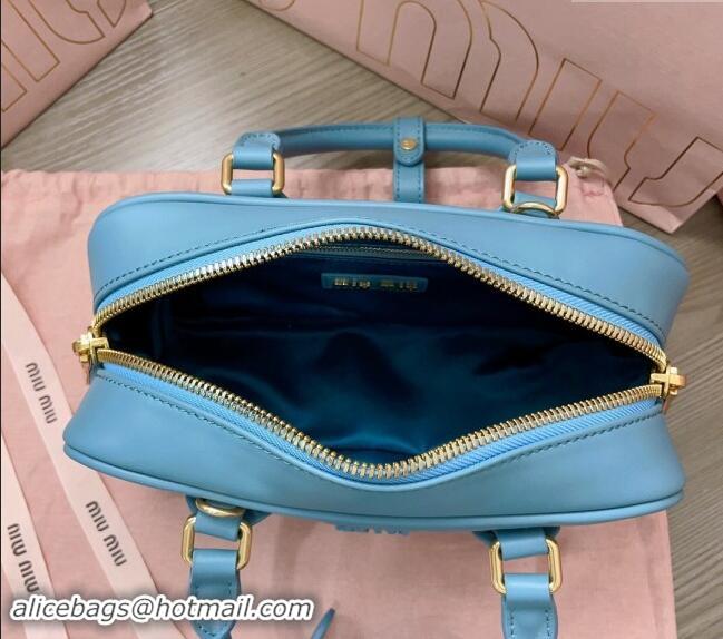 Low Cost Miu Miu Arcadie Calf Leather top handle bag with Tone-to-Tone Logo 5BB142 Blue 2024