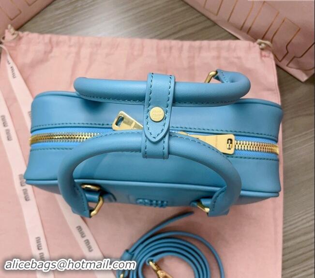 Low Cost Miu Miu Arcadie Calf Leather top handle bag with Tone-to-Tone Logo 5BB142 Blue 2024