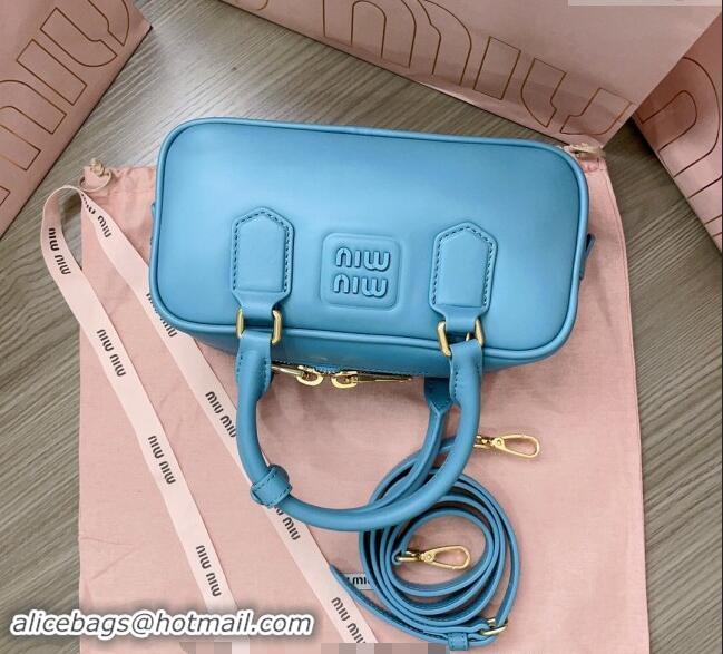 Low Cost Miu Miu Arcadie Calf Leather top handle bag with Tone-to-Tone Logo 5BB142 Blue 2024