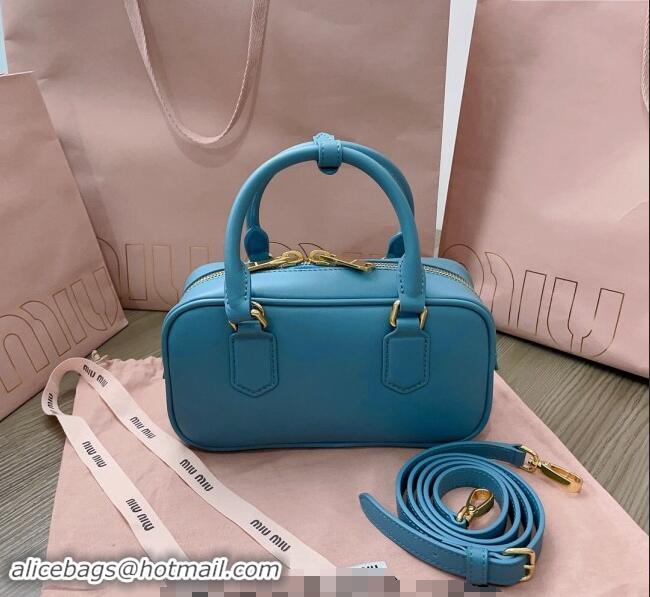 Low Cost Miu Miu Arcadie Calf Leather top handle bag with Tone-to-Tone Logo 5BB142 Blue 2024