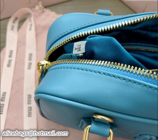 Low Cost Miu Miu Arcadie Calf Leather top handle bag with Tone-to-Tone Logo 5BB142 Blue 2024