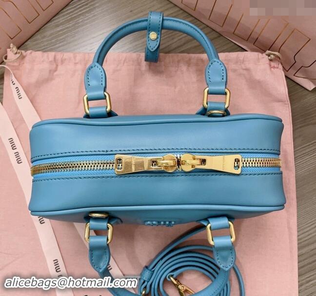 Low Cost Miu Miu Arcadie Calf Leather top handle bag with Tone-to-Tone Logo 5BB142 Blue 2024