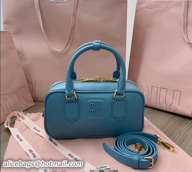 Low Cost Miu Miu Arcadie Calf Leather top handle bag with Tone-to-Tone Logo 5BB142 Blue 2024