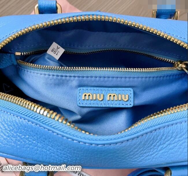 Well Crafted Miu Miu Arcadie Calf Leather top handle bag with Gold-Tone Logo 5BB142 Blue 2024